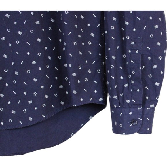 Zara Men Button Down Shirt XL Headphones Print Navy Blue Music Lover CA282 - Picture 5 of 6